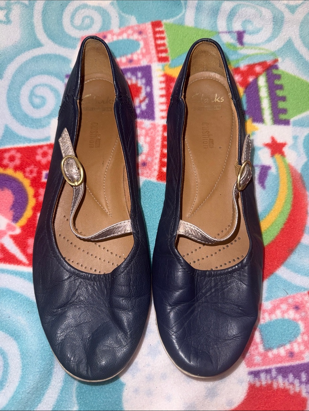 Clarks Navy Leather Mary Jane Flats with Gold Strap